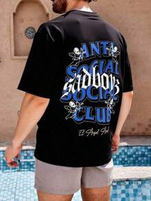 Vintage T-Shirt Men's Clothing Playera Oversize Anti Social Club Sadboys Letra Azul Angel Unisex Cotton Fabric, Summer Women's Printed Style, Suitable For Street Wear. - màu đen - Xem 8