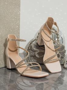 Square Toe Thick High Heel Rhinestone Decorated Elegant Glamorous Sandals, Suitable For Banquet Party, Fashion Versatile - Beige - View 6