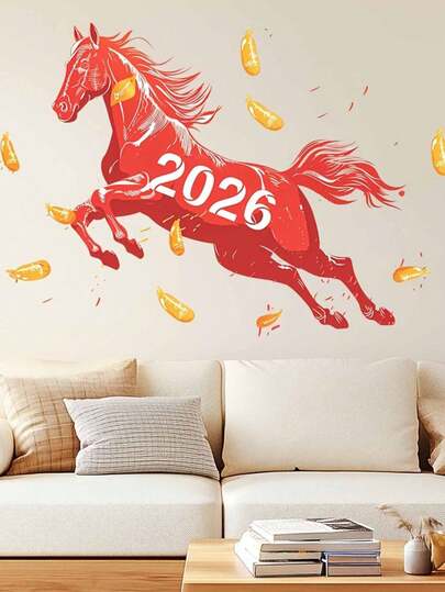 2026 Chinese Style Galloping Horse Wall Decal, Self-Adhesive Living Room Wall Sticker, Year Of The Horse Themed Home Decor, New Year Creative Artistic Warm Decoration Sticker
