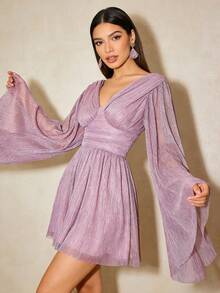 1 pieza Vestido mini elegante y sexy de unicolor con escote en V y recortes, adecuado para fiestas, bodas, citas, fiestas de cumpleaños, primavera/verano - Lila Púrpura - Ver 3