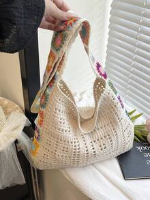 Large Capacity Hollow Vacation Beach Woven Tote Bag, One Shoulder Bucket Bag - Beige - View 5
