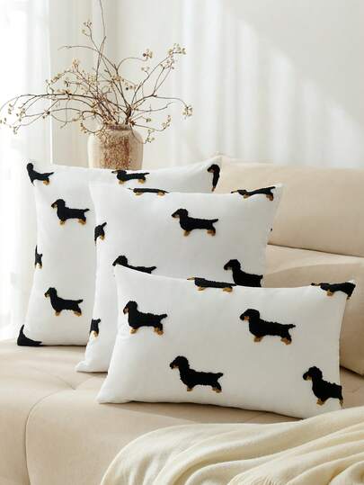 1pc Pillow Case, Dachshund Embroidery Design, 100% Polyester, Zipper Closure, No Filling, Suitable For Living Room, Bedroom And Dining Room Decor