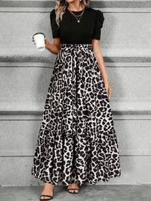 Keke Bloomly Women's Elegant A-Line Dress With Puff Sleeve Design, Bow Decoration, Round Neck Vacation Summer - Apricot - View 4