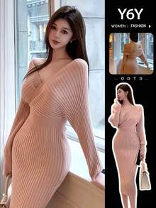 Y6Y Elegant Fitted Waist Bodycon V-Neck Pink Knit Dress - Pink - View 6
