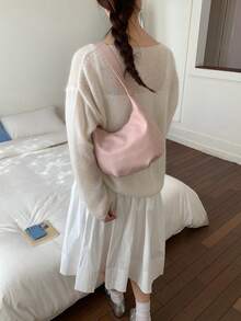 2026新款时尚大容量女士腋下包，简约褶皱单肩斜挎饺子包 - 粉色 - 查看 5