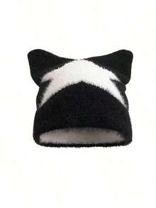 1pc Men's New Cute Street Five-Pointed Star Embroidery Plush Hat With Cat Ears Warm Knitted Beanie, Autumn/Winter Halloween Fall Outfit 6ZPM - 彩色 - 查看 4