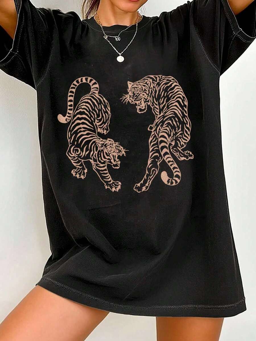 Vintage Retro Tiger T-Shirt, Vintage Distressed Tiger Shirt, Oversized Retro Tiger Tee, Grunge Indie Boho Shirt, Graphic Tee Valentine Outfits For Women New Years Outfit Women - 黑色5 - 查看 1