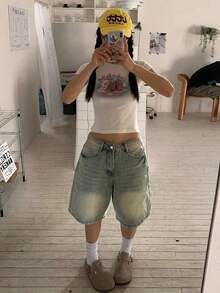 Women's Loose Fashion Straight Mid-Calf Shorts - Light Wash - View 10