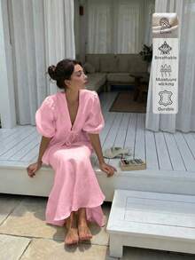 2pcs Linen Casual Elegant Vacation & Daily Wear Outfits, Casual Dresses, Casual Women Outfits, Summer Holiday Outfits, Elegant Women's Set - Pink - View 2