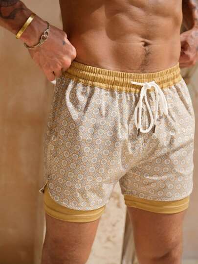 Shorts de playa de verano para hombres con estampado floral y doble capa con bajo en V