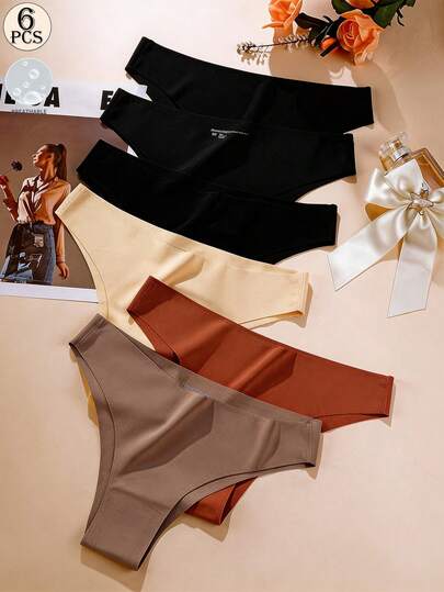 Aofeiqike 6pcs Seamless Women's Sports Bras, Ice Silk Fabric For Yoga, Sexy Bikini Style, Comfortable & Breathable, French Countryside Sweet Style Triangle Panties, Slimming, Multi-Color, Seamless, Comfortable, Skin-Friendly, Sexy, Semi-Fitted, Sports Style, Invisible Triangle Briefs