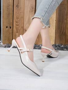 女士夏季系带尖头高跟凉鞋，露跟亮面皮革礼服鞋 - 白色 - 查看 3