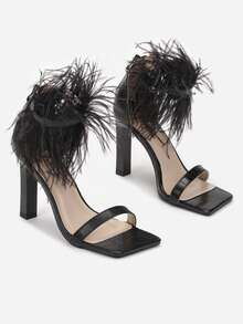 Women's Fashionable Elegant Feather Decor High Heel Sandals, Suitable For Party Occasions - Hitam - View 3