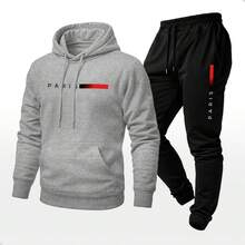 Unisex Paris Print Sweatshirt And Hoodie Set With Kangaroo Pocket - 灰色 - 查看 1