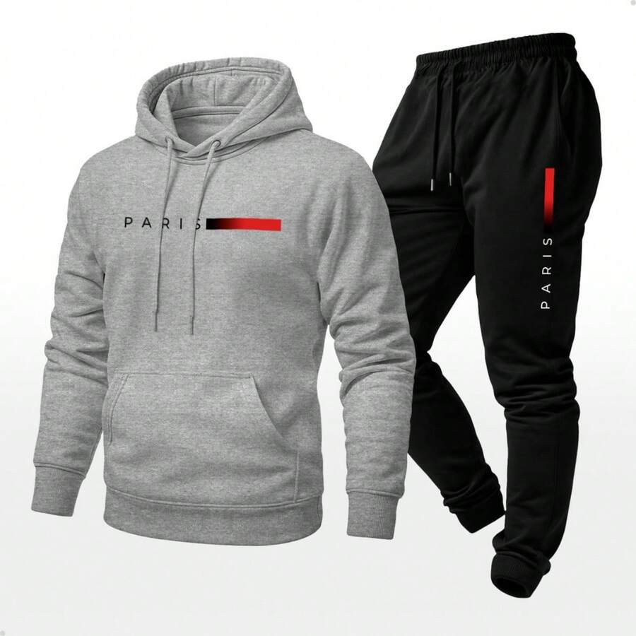 Unisex Paris Print Sweatshirt And Hoodie Set With Kangaroo Pocket - 灰色 - 查看 1