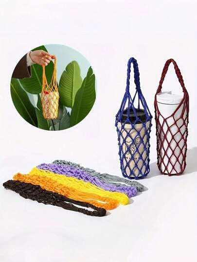 1Pc Outdoor Handmade Woven Cup Cover Hollow Out Water Bottle Bag Portable Storage Basket Coffee Cup Holder Carrying Mesh Cup Net