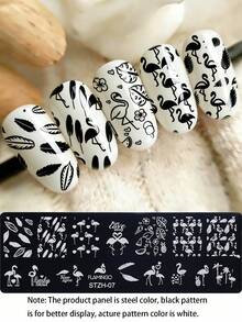 1pc Flamingos Feather Nail Art Stamping Plate, Letter Summer Pattern Design Y2K Style Printing Template Nail Art Accessory Tool, DIY Manicure Salon, Nail Supply - Silver - View 2
