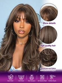 20 Inch Machine Made Ash Brown Balayage Wavy Wig With Fringe, Voluminous Body Wave Adjustable Strap For Party Ready - Brown - View 8