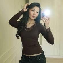 Autumn New Lace Trim V-Neck Long Sleeve Fitted Tee, Sexy Style Spring - Coffee Brown - View 6