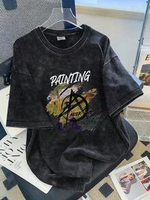 2026 Summer New Women's Casual Loose Round Neck Retro Distressed English Print Graphic Tee, Versatile Streetwear Short Sleeve T-Shirt - Black - View 3