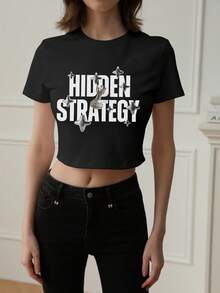 2026 Summer New Women's Fitted Short Graphic Tee, English Letter Print, Streetwear Style, Versatile Round Neck T-Shirt - Black - View 3