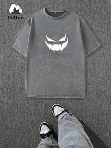 Plus Size Men's Casual Graphic Face & English Print Drop Shoulder Crew Neck T-Shirt, Streetwear Y2K Style, Suitable For Daily Wear - Grey - View 1