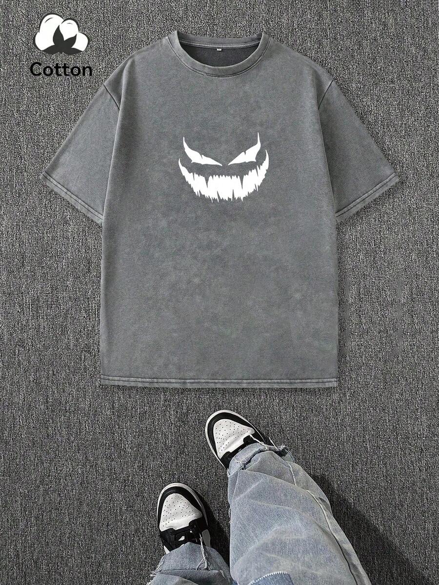 Plus Size Men's Casual Graphic Face & English Print Drop Shoulder Crew Neck T-Shirt, Streetwear Y2K Style, Suitable For Daily Wear - Grey - View 1
