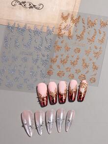 2片装3D金银闪粉不规则线条花朵美甲贴纸，自粘金属花卉美甲贴花，抽象线条花瓣设计，闪亮亮片花朵美甲贴纸，适合女性女孩DIY美甲装饰用品，奢华闪亮花卉美甲配件 - 彩色 - 查看 4