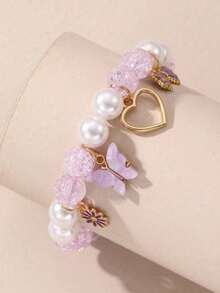 Sweet Style Glass Bead Bracelet With Heart, Flower, Butterfly Pendants, Handmade, Suitable For Daily Wear, Teenage Girls - Butterfly Style - View 9