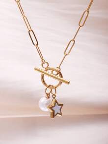 1PC Dainty Gold Pendant Necklace 14k Gold Plated Delicate Tiny Moon Star Pendant Stainless Steel OT Necklace For Women,14K Gold Plated Dainty Chain Crescent Moon Necklace Jewelry - Multicolor - View 11