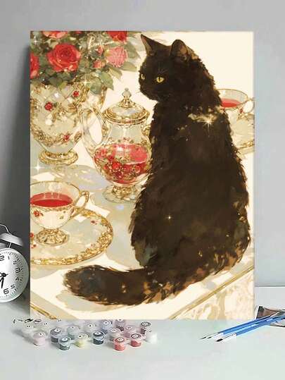 [2D Flat] 1pc Black Cat And Rose Tea Set DIY Oil Painting By Numbers Canvas Painting DIY Crafts Adult Home Decoration Gifts 40x50cm/16x20inch Elegant Vintage Style Artwork For Living Room Wall Decor.
