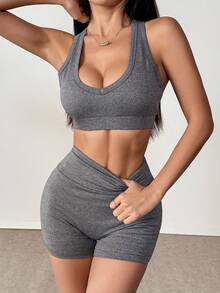 2 Stücke/Set modischer figurbetonter einfarbiger Träger-Top und Shorts Sport Lässig Anzug - Grau - Übersicht 3