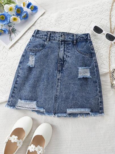 1pc Girls Casual Street Style Sweet & Cool Retro Fashion Distressed Washed Denim Skirt