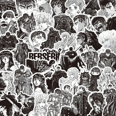 Autocollants imperméables de style art original noir et blanc Griffith Guts Anime Decal Merch DIY Scrapbook Journal Laptop Phone Car Decor Cadeau parfait pour les fans Anniversaire Noël