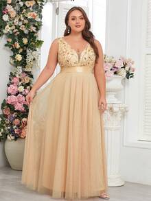 Đầm phù dâu dáng chữ A không tay cổ chữ V, đính sequin, phối lưới, cỡ lớn, thích hợp cho tiệc cưới, lễ tốt nghiệp, dạ hội, tiệc tối trang trọng mùa xuân. - Vàng - Xem 4