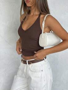 Vuslat 女士夏季休闲露背罗纹针织吊带背心，简约户外街头性感深V领女士背心，适合春季服装、外套、夏季度假、Y2K风格、休闲穿着、通勤、户外、假日穿着。 - 棕色 - 查看 11