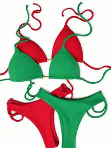 Set Of 2 Triangle Bikini Tops With Padded Cups And Double String Semi-Thong With Knot Detail For Beach And Vacation - 綠色和紅色 - 查看 2