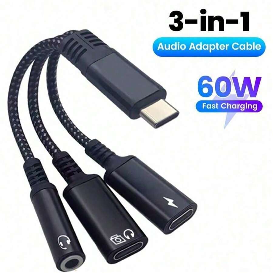 三合一OTG USB-C转3.5mm耳机接口，USB-C音频耳机，USB-C适配器，支持60W快充，兼容三星、 15 Pro等设备 - 彩色 - 查看 1