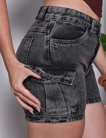 Women's Gray Cargo Denim Shorts With Pockets, High Waist, Blogger Style, 100% Cotton, Summer Fashion, Black Marbled - 灰色 - 查看 17