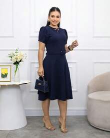 Chic Jacquard Pearl Midi Dress - Teal Blue - View 4