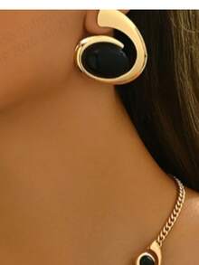1 Pair Pendant Earrings + 1 Necklace, Zinc Alloy Jewelry Set With Black Round Gemstone Design, Vintage Elegant Style, Suitable For Women Party And Ramadan Gift - Snail Set - View 3