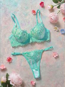 Elorette 2 Pieces Vintage Blue Sexy Women's Lingerie Set - Green - View 3
