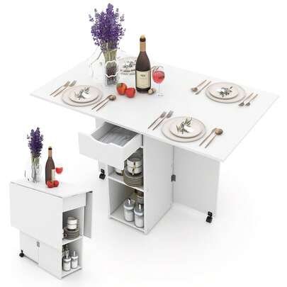  COSTWAY Folding Dining Table With 2 Wheels For Small Spaces, White