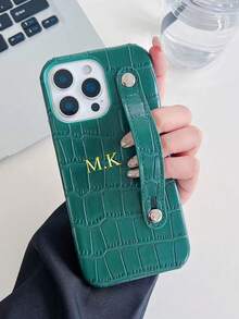 个性化定制姓名奢华仿鳄鱼纹皮革腕带手机套，兼容苹果17/16/15/14/13/12/11 Pro，情人节礼物 - 綠色 - 查看 8