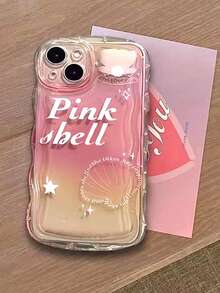 透明波浪气垫粉色扎染渐变字母外壳防震全包手机壳，适用于 11/12/13/14/15/16/17/PROMAX - 粉色 - 查看 2