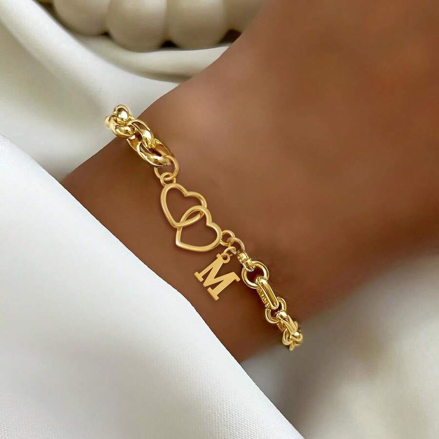 1pc New Classic Gold-Plated Hollow Double Heart Stainless Steel Chain Bracelet For Women - Golden Letters - View 1