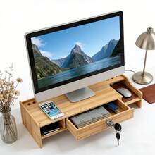Soporte de monitor de madera, estantería de almacenamiento de doble capa, organizador de escritorio multifuncional con cajón con cerradura, soporte ergonómico para computadora con ranura para teléfono y caja de almacenamiento, administrador de computadora de escritorio, portátil, suministros de oficina, ideal para oficina en casa - Cajón con cerradura - Ver 3