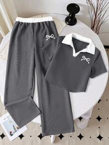 Conjunto de camiseta de manga corta con estampado de lazo y pantalones de bloqueo de color para niñas preadolescentes - Gris Oscuro - Ver 2