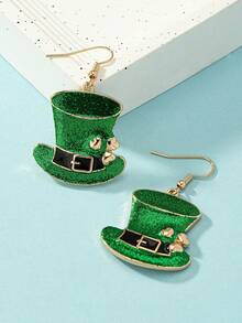 1 Pair St. Patrick's Day Glitter Enamel Leprechaun Hat & Clover Dangle Earrings, Suitable For Women To Wear On St. Patrick's Day And Daily Occasions - Green - View 4
