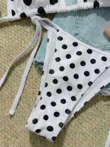 Bộ bikini dây buộc cổ yếm in chấm bi mới, đồ bơi gợi cảm thời trang cho bãi biển, tiệc bể bơi, kỳ nghỉ xuân/hè màu trắng. - trắng - Xem 5